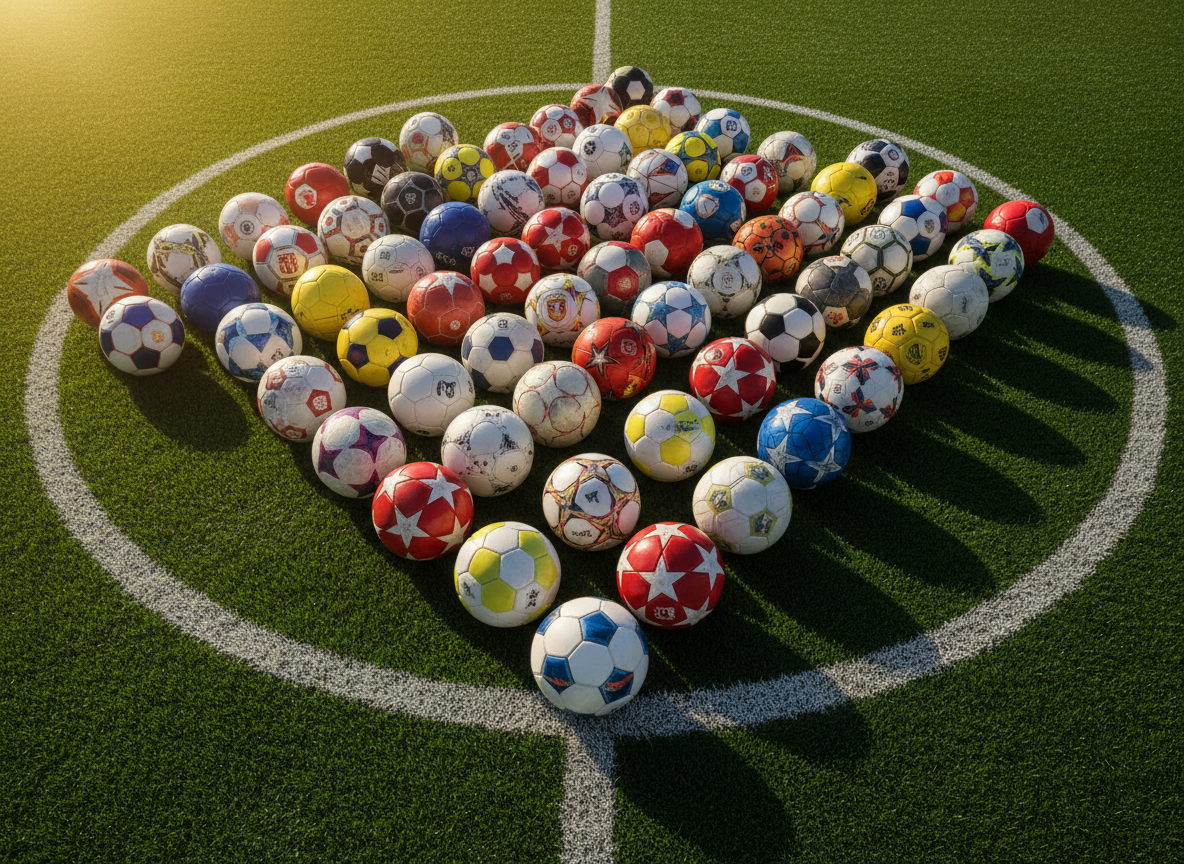 A tightly packed grid of classic and modern footballs arranged on a pristine green pitch, each ball featuring distinct panel designs, scuff marks, and vibrant club or tournament logos. White center circle lines curve beneath them, freshly painted and slightly textured. Golden hour stadium light pours in from the top left, creating bold highlights on the glossy and matte surfaces and casting crisp, dramatic shadows to the right. Shot from a slightly elevated, wide-angle perspective with sharp focus throughout, the composition feels bold and dynamic, symbolizing countless eras and debates in football rankings. Photographic realism with vivid, saturated colors and a clean, modern sports editorial aesthetic.